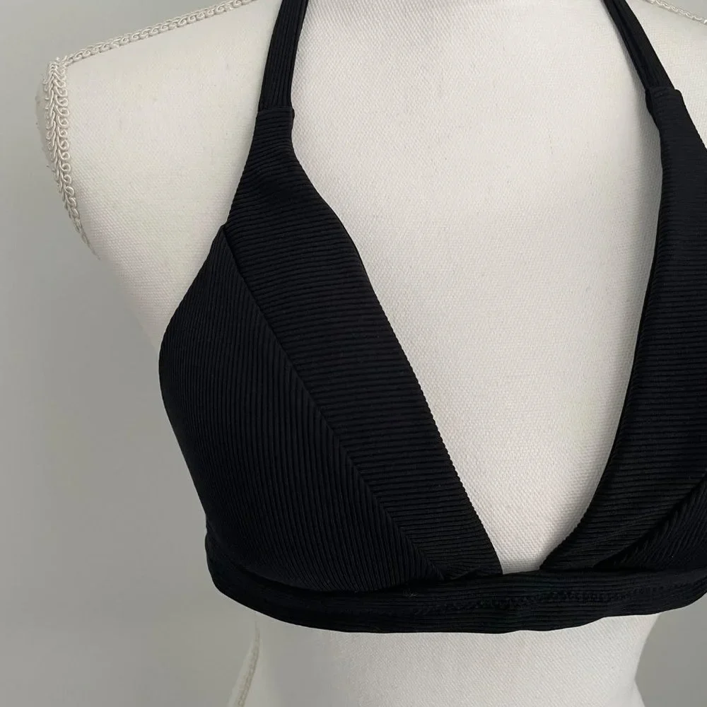 Becca Black Swimsuit Bikini Top V-Neck Fine Line Lrg Ties Neck and Back